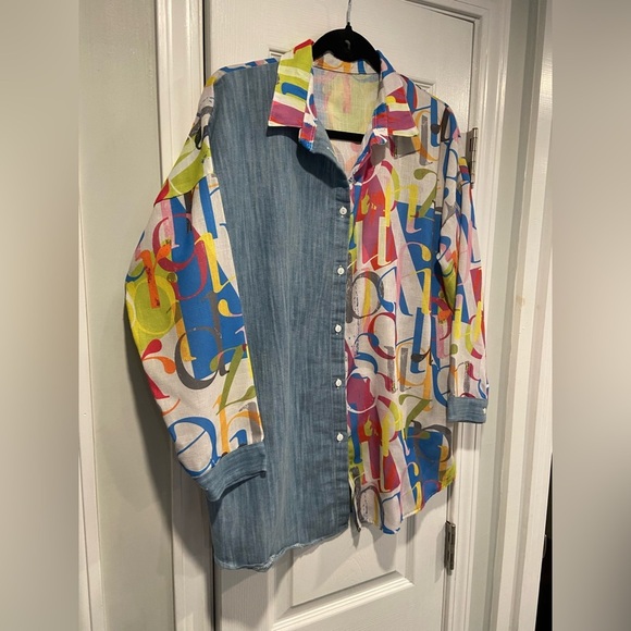 VTG Colorful Alphabet Blue Colorblock Size 2X Button Down Collared Shirt - Picture 5 of 10
